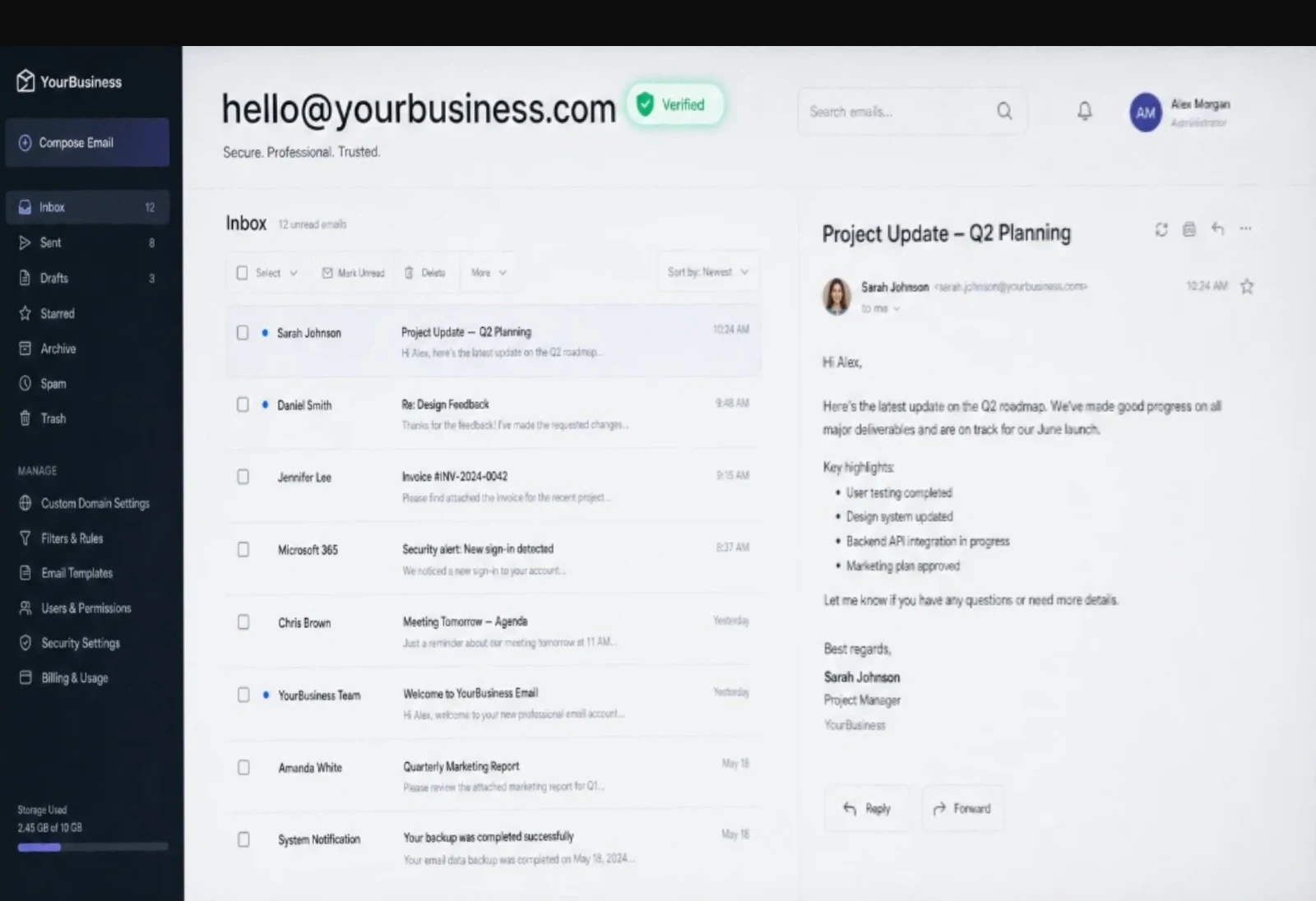 An example business inbox at hello@yourbusiness.com, marked Verified, with the message list and an open email
