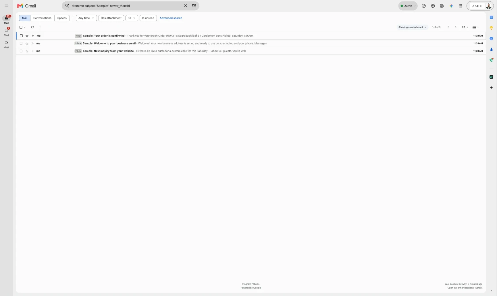 Gmail on a laptop: a business inbox with a new website inquiry, a welcome message and an order confirmation