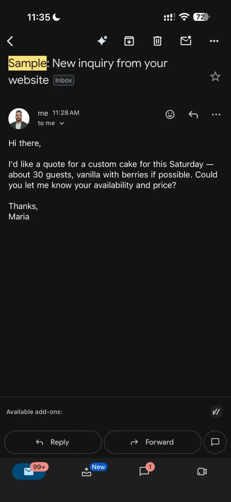 The Gmail app on a phone, open to a customer asking for a custom cake quote