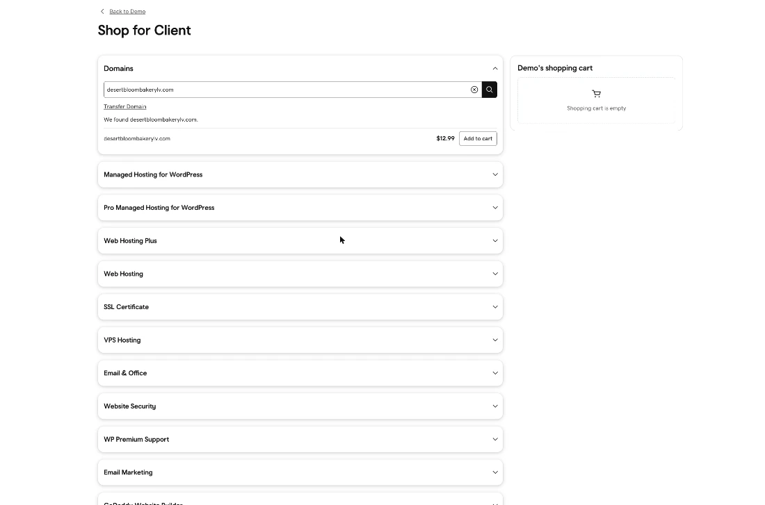 The Hub by GoDaddy Pro showing desertbloombakerylv.com as available for $12.99