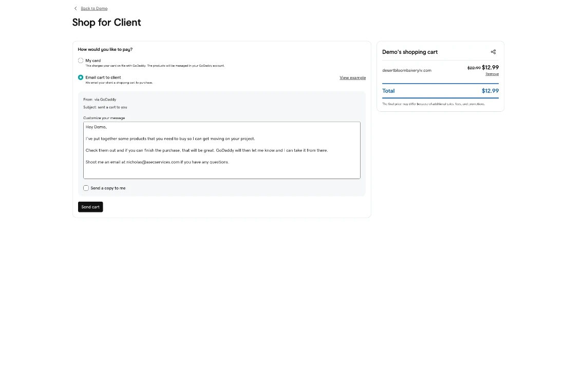 A GoDaddy Pro cart for the client with the "Email cart to client" option selected and a message ready to send