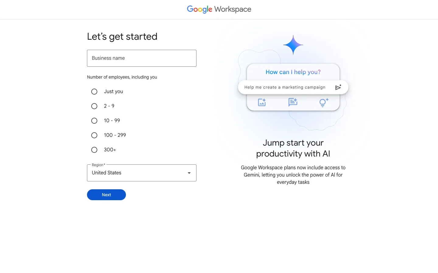 The Google Workspace sign-up page asking for the business name and number of employees