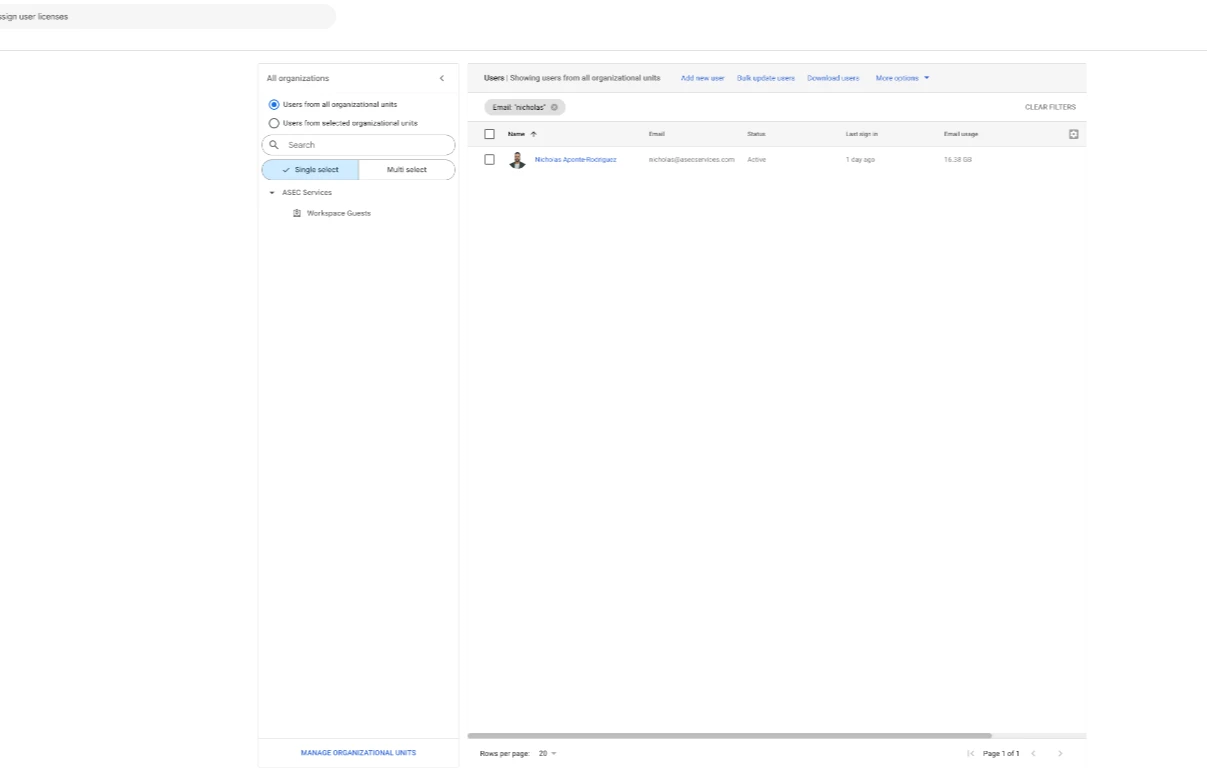 The Google Workspace admin console, Directory > Users, showing the business owner’s account as Active
