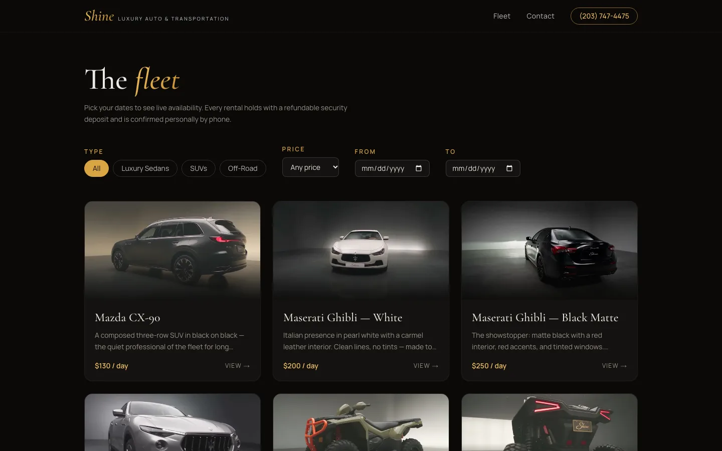 The Shine fleet page on a laptop: vehicle cards with daily prices and date filters