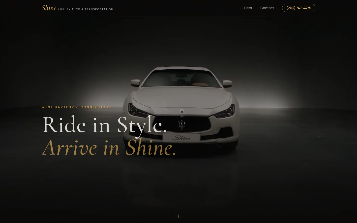 The Shine Luxury Auto & Transportation home page on a laptop: a white Maserati Ghibli under a spotlight with the line "Ride in Style. Arrive in Shine."