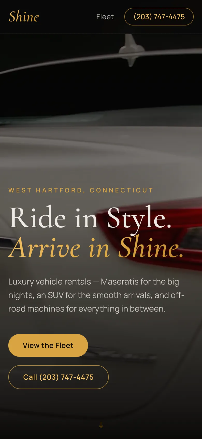 The same Shine home page on a phone, with the "View the Fleet" and call buttons