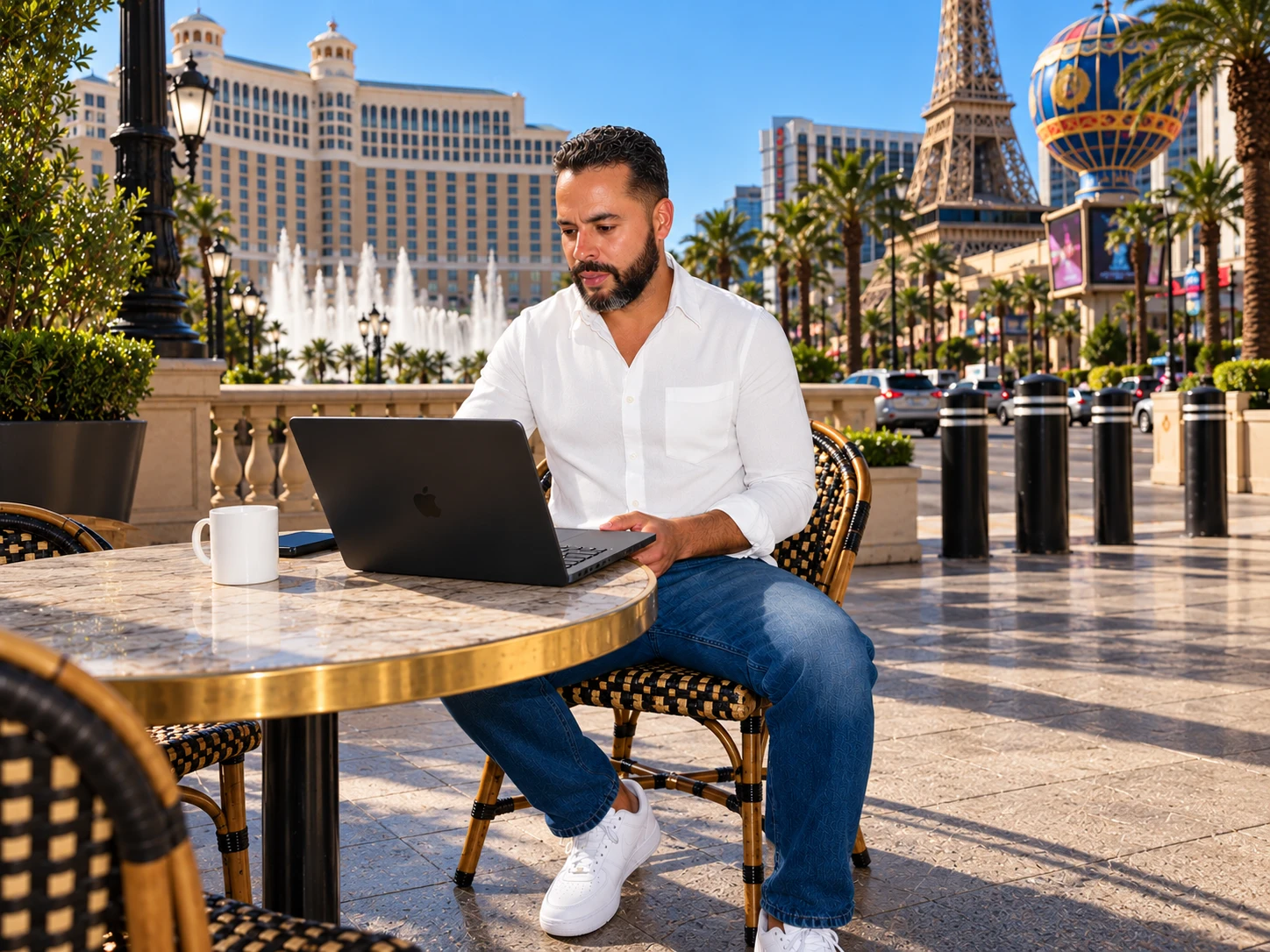 Nicholas Aponte-Rodriguez working on a laptop at an outdoor café table on the Las Vegas Strip