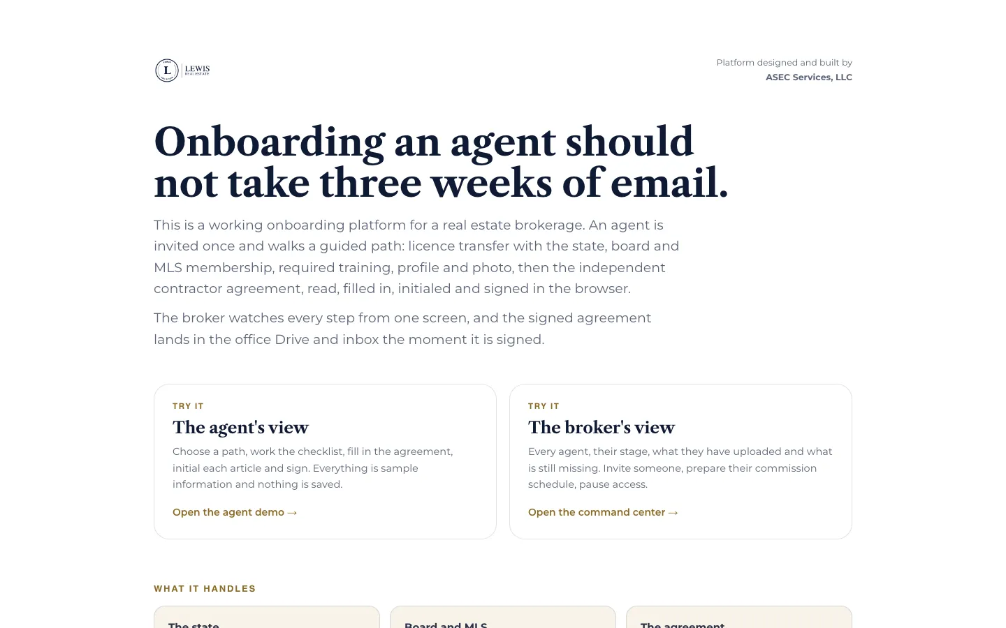 The Lewis Real Estate onboarding platform: the headline "Onboarding an agent should not take three weeks of email." above the agent and broker views.